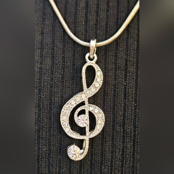 Crystal Treble Clef Musical Symbol Pendant with Silvertone Necklace - Picture 5 of 6